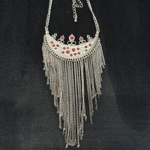 Elegant Silver and Red Fringe Necklace